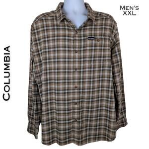 Columbia Mens Flannel Shirt 2XL Brown Tan Plaid Stretch Button Front Pocket
